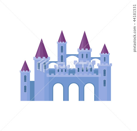 Beautiful purple castle with towers and conical roofs. Medieval fortress. Flat vector element for 44181531