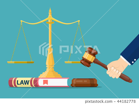 Hand with judge wooden gavel, 44182778