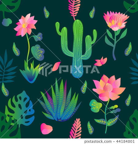 Garden with lotuses and cacti. 44184801