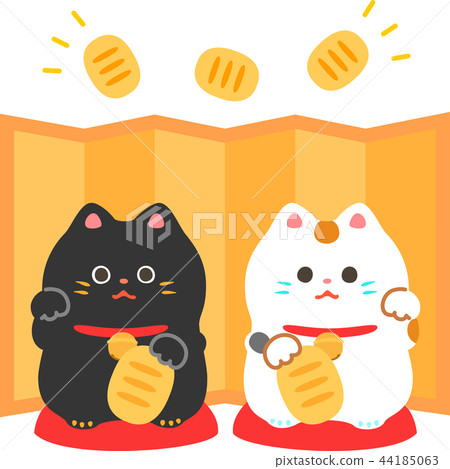 Twin beckoning cat and golden folding screen 44185063