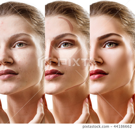 Collage of woman applying makeup step by step. 44186662