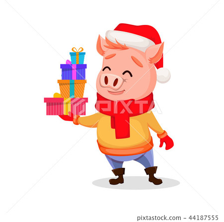 Merry Christmas. Cute pig wearing Santa Claus hat 44187555
