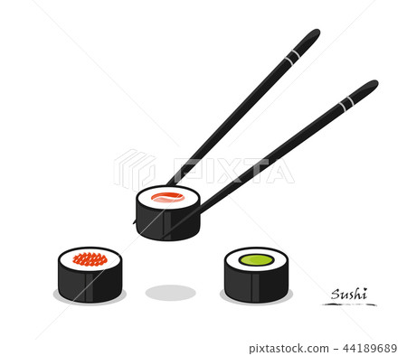 colorful sushi different types with chopsticks isolated on a white background 44189689