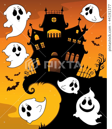Halloween house silhouette and ghosts 1 Halloween house silhouette and ghosts 1 44191377