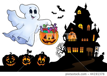 Halloween ghost near haunted house 4 Halloween ghost near haunted house 4 44191378