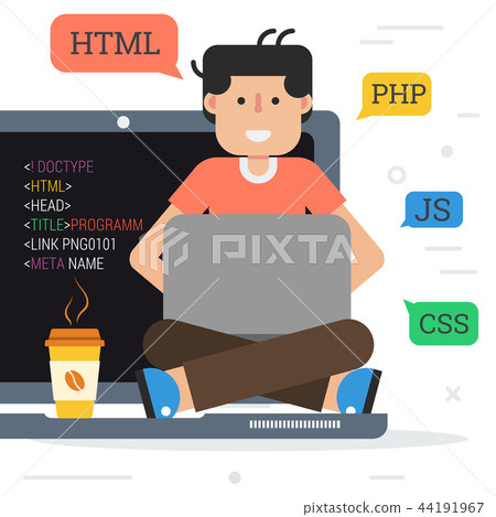 Happy programmer on the computer with coffee 44191967