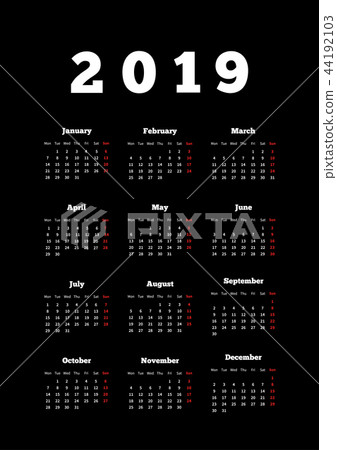 Calendar on 2019 year on dark background, A4 sheet Calendar on 2019 year on dark background, A4 sheet 44192103