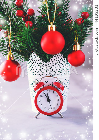 Christmas fir branches, gift box and decorations. 44195231