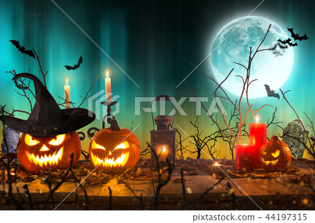 Halloween pumpkins on old wooden planks. Halloween pumpkins on old wooden planks. 44197315