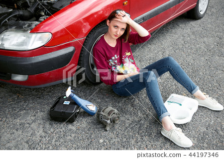 young girl with the red car young girl with the red car 44197346