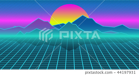 Cyberpunk retro computer background. Mountains, plain and sun Cyberpunk retro computer background. Mountains, plain and sun 44197931