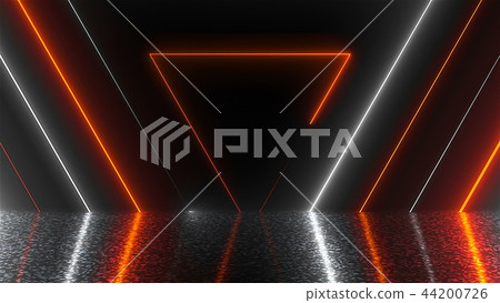 Abstract triangles neon tunnel with reflection, computer generated background, 3D render 44200726