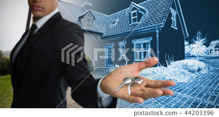 Composite image of confident businessman showing hand against white background 44203396