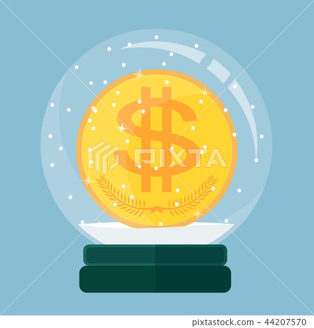 Christmas card. Snow globe with a dollar gold coin inside. 44207570