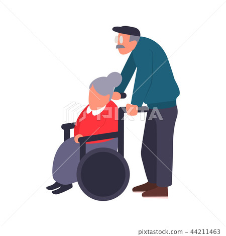 Mature couple on a walk. Care of a disabled person. Old man carries an elderly woman in a wheelchair 44211463