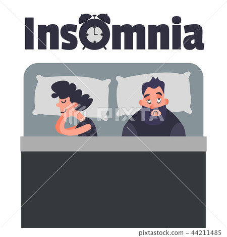 Sleepless Insomnia concept art. Tired man on the bed can not sleep. Stress male character Sleepless Insomnia concept art. Tired man on the bed can not sleep. Stress male character 44211485