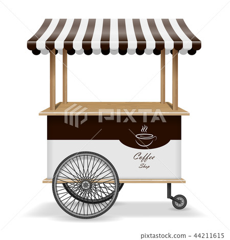 Realistic street food cart with wheels. Mobile coffee market stall template. Hot coffee kiosk store 44211615