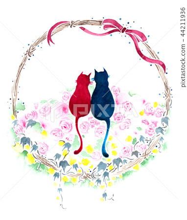 Cat couple and flower wreath watercolor illustration Cat couple and flower wreath watercolor illustration 44211936