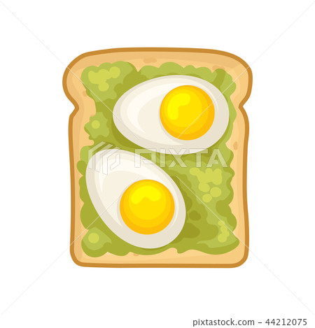 Flat vector icon of delicious sandwich. Fresh rye bread with avocado and halves of boiled egg Flat vector icon of delicious sandwich. Fresh rye bread with avocado and halves of boiled egg 44212075