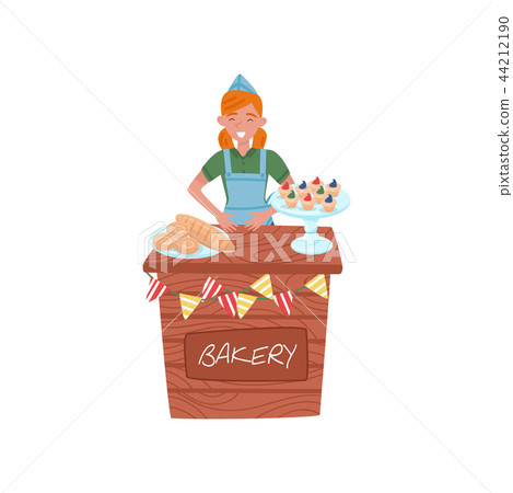Cheerful young girl selling buns, loaf and cupcakes. Wooden stall with bakery products. Flat vector 44212190