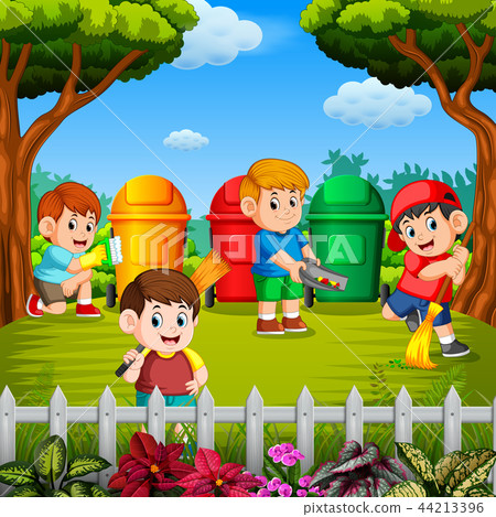 the children clean the garden and throw the trash the children clean the garden and throw the trash 44213396
