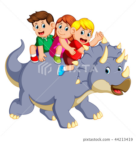 the children are sitting on the triceratops  44213419