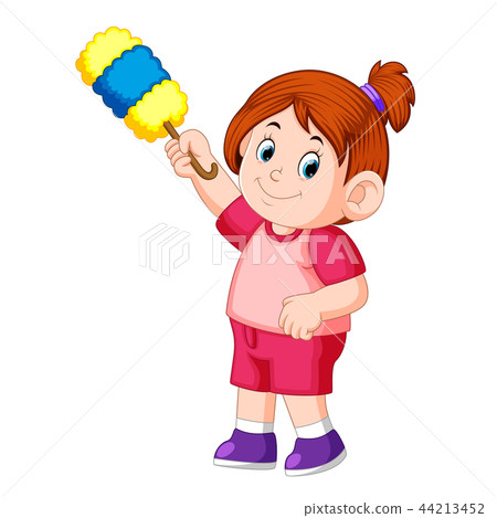 the beautiful girl holding the duster to clean 44213452