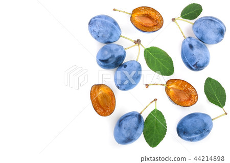 plums with leaf isolated on a white background with copy space for your text. Top view. Flat lay plums with leaf isolated on a white background with copy space for your text. Top view. Flat lay 44214898