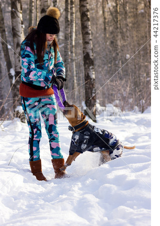 Adorable girl with her dog walks in park 44217376
