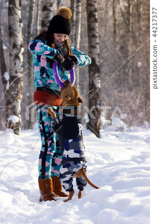Adorable girl with her dog walks in park Adorable girl with her dog walks in park 44217377