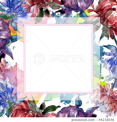 Watercolor colorful aster flower. Floral botanical flower. Frame border ornament square. 44218036