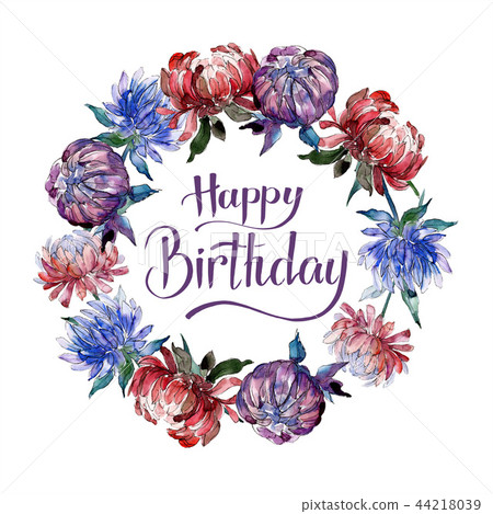 Watercolor colorful aster flower. Floral botanical flower. Frame border ornament square. Watercolor colorful aster flower. Floral botanical flower. Frame border ornament square. 44218039