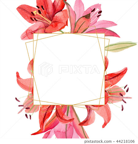 Watercolor red lily flower. Floral botanical flower. Frame border ornament square. 44218106