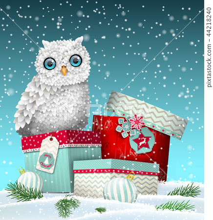 Download Christmas Theme White Owl Sitting On Group Of Stock Illustration 44218240 Pixta PSD Mockup Templates