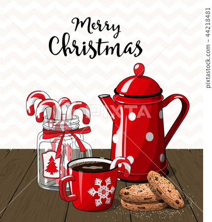 Red vintage coffee pot with cup. glass jar with Red vintage coffee pot with cup. glass jar with 44218481