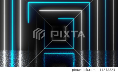 Abstract square neon tunnel with reflection, computer generated background, 3D rendering 44218823