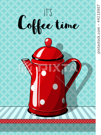 Red vintage coffee pot with on blue patterned Red vintage coffee pot with on blue patterned 44218987