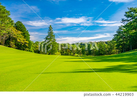 Summer scenery that highlights the beautiful course design of the golf course. Summer scenery that highlights the beautiful course design of the golf course. 44219903