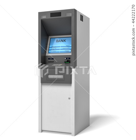3d rendering of an isolated bank ATM machine with a lit blue screen on white background. 3d rendering of an isolated bank ATM machine with a lit blue screen on white background. 44222170