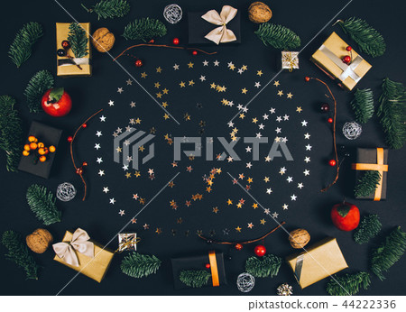 Christmas and new year black stylish background and frame with gifts. 44222336