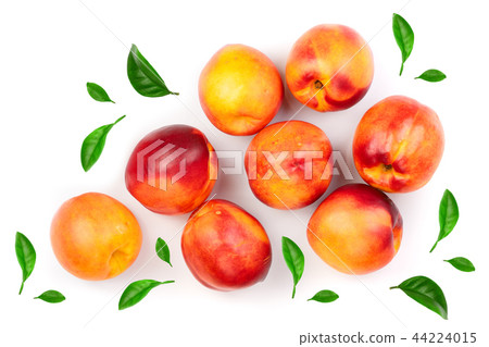 ripe nectarine with leaves isolated on white background. Top view. Flat lay pattern ripe nectarine with leaves isolated on white background. Top view. Flat lay pattern 44224015