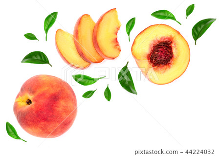 ripe peaches with leaves isolated on white background with copy space for your text. Top view. Flat 44224032