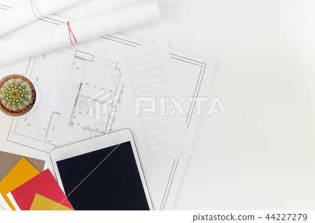Interior designer table workplace with house plan 44227279