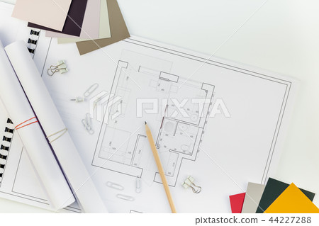 Interior designer table workplace with house plan Interior designer table workplace with house plan 44227288