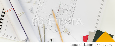 Interior designer table workplace with house plan Interior designer table workplace with house plan 44227289