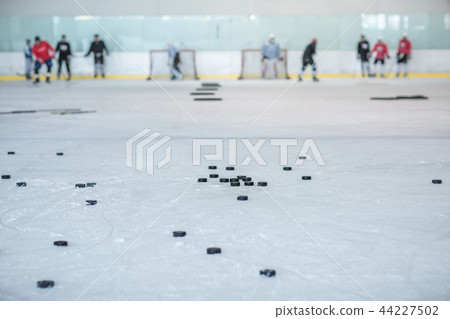 ice hockey training, pucks and players ice hockey training, pucks and players 44227502