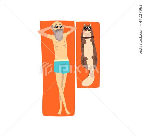 Grandpa sunbathing on the beach with his dog, lonely senior man and his animal pet on vacation 44227962