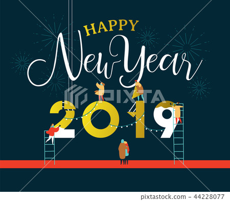 New Year 2019 card of people in celebration party 44228077