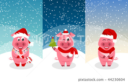 New Year Templates for Cards, Invitation with Funny Pigs Wearing Santa Hats 44230604