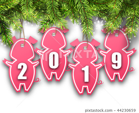 Shimmering Light Wallpaper with Fir Branches and Stickers Pigs for Happy New Year 2019 Shimmering Light Wallpaper with Fir Branches and Stickers Pigs for Happy New Year 2019 44230659